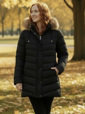 Warm Black Puffer Coat with Faux Fur Detachable Hood